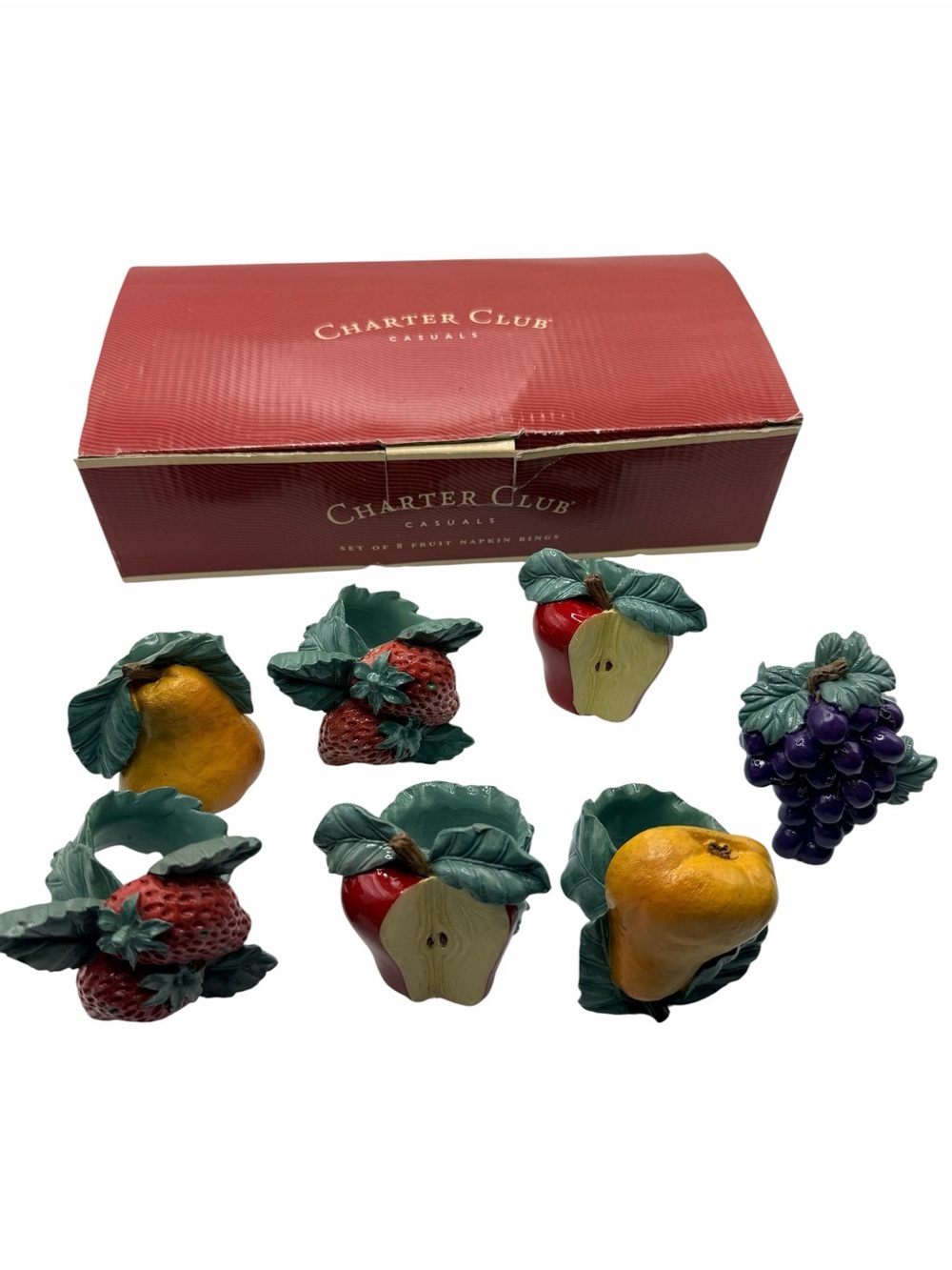 Charter Club Vintage Summer Grove Napkin Ring Holders Fruit Theme Set of 7